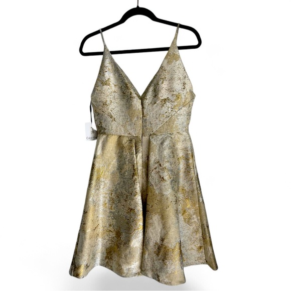PERFECT NEW YEARS DRESS!!! Calvin Klein Gold Fit & Flare Dress NWT - Picture 2 of 5